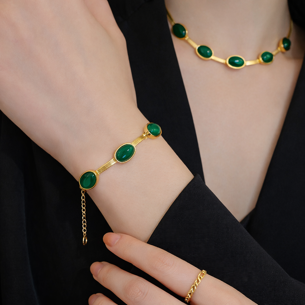 Oval Green Crystal Pendant Necklace Set With Bracelet