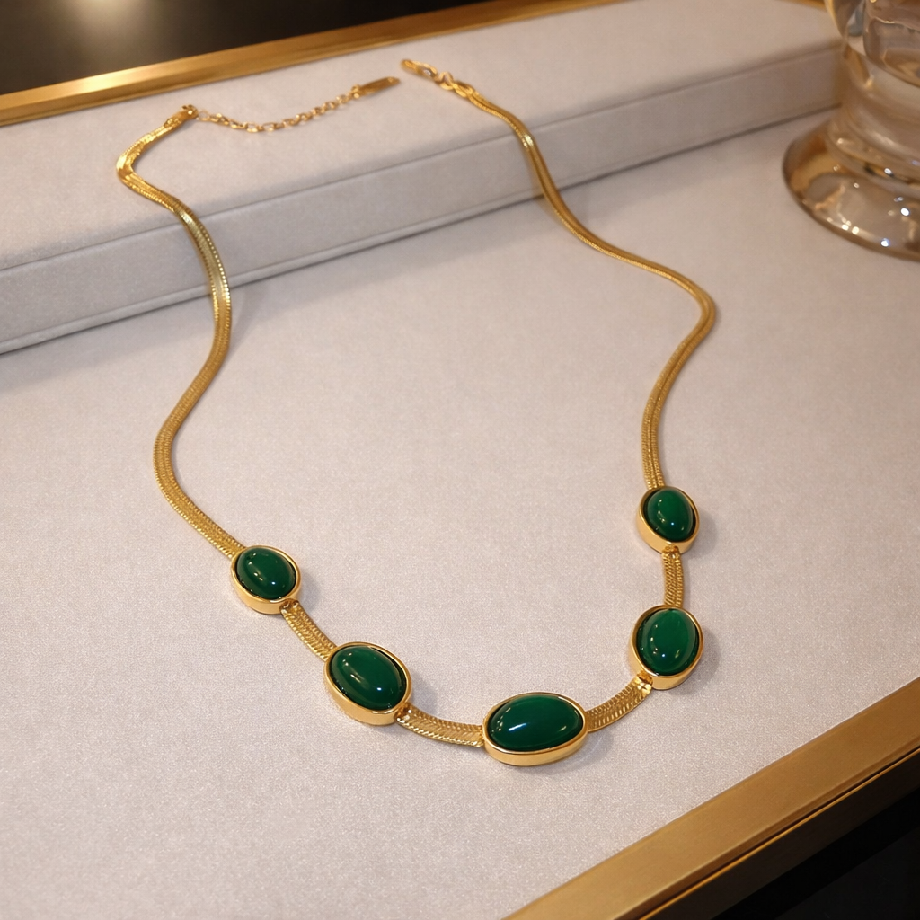 Oval Green Crystal Pendant Necklace Set With Bracelet